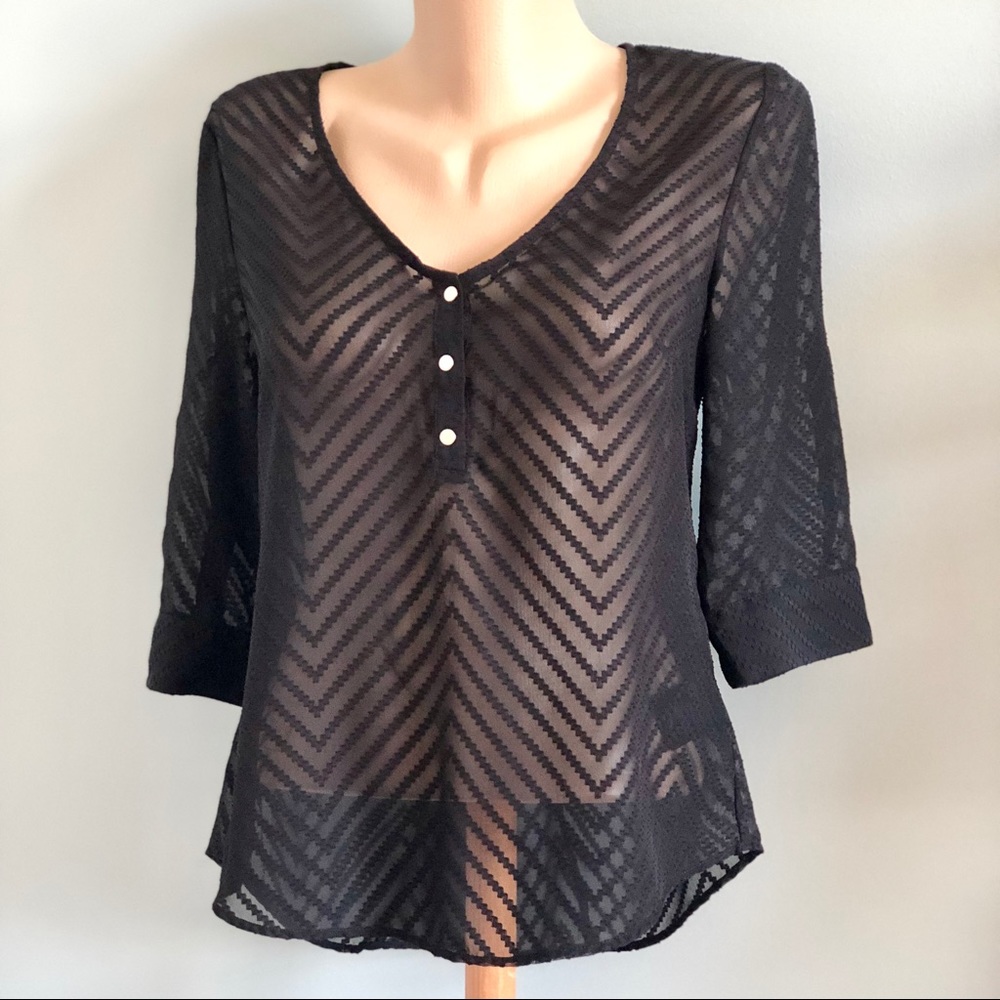 BeBe Chevron Print Sheer Black Blouse